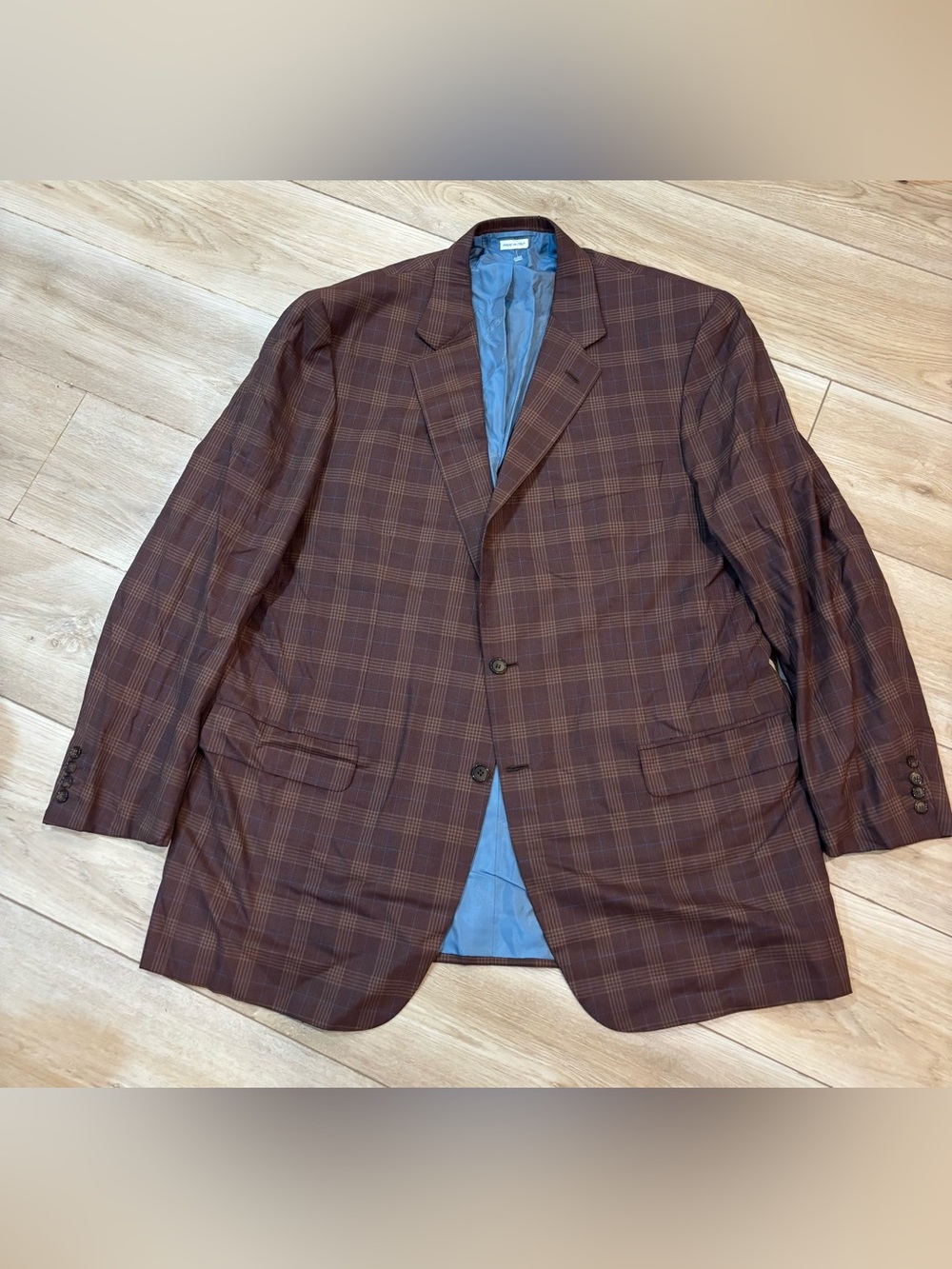 Brioni Brown Blue Plaid Blazer 48 L 100% Wool Made Italy *Holes*
